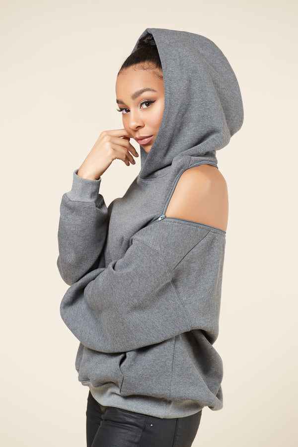 Oversized Cold Shoulder Hoodie with Zip Detail