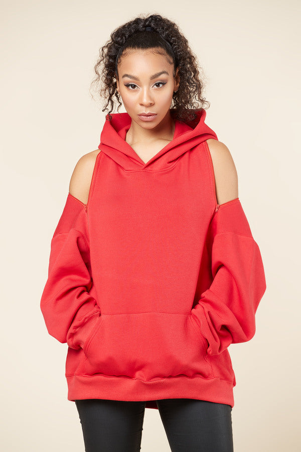 Oversized Cold Shoulder Hoodie with Zip Detail